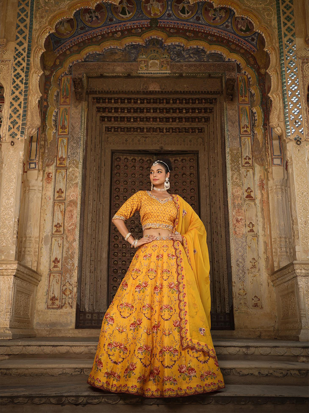 

SCAKHI Mustard & Green Printed Ready to Wear Lehenga & Blouse With Dupatta