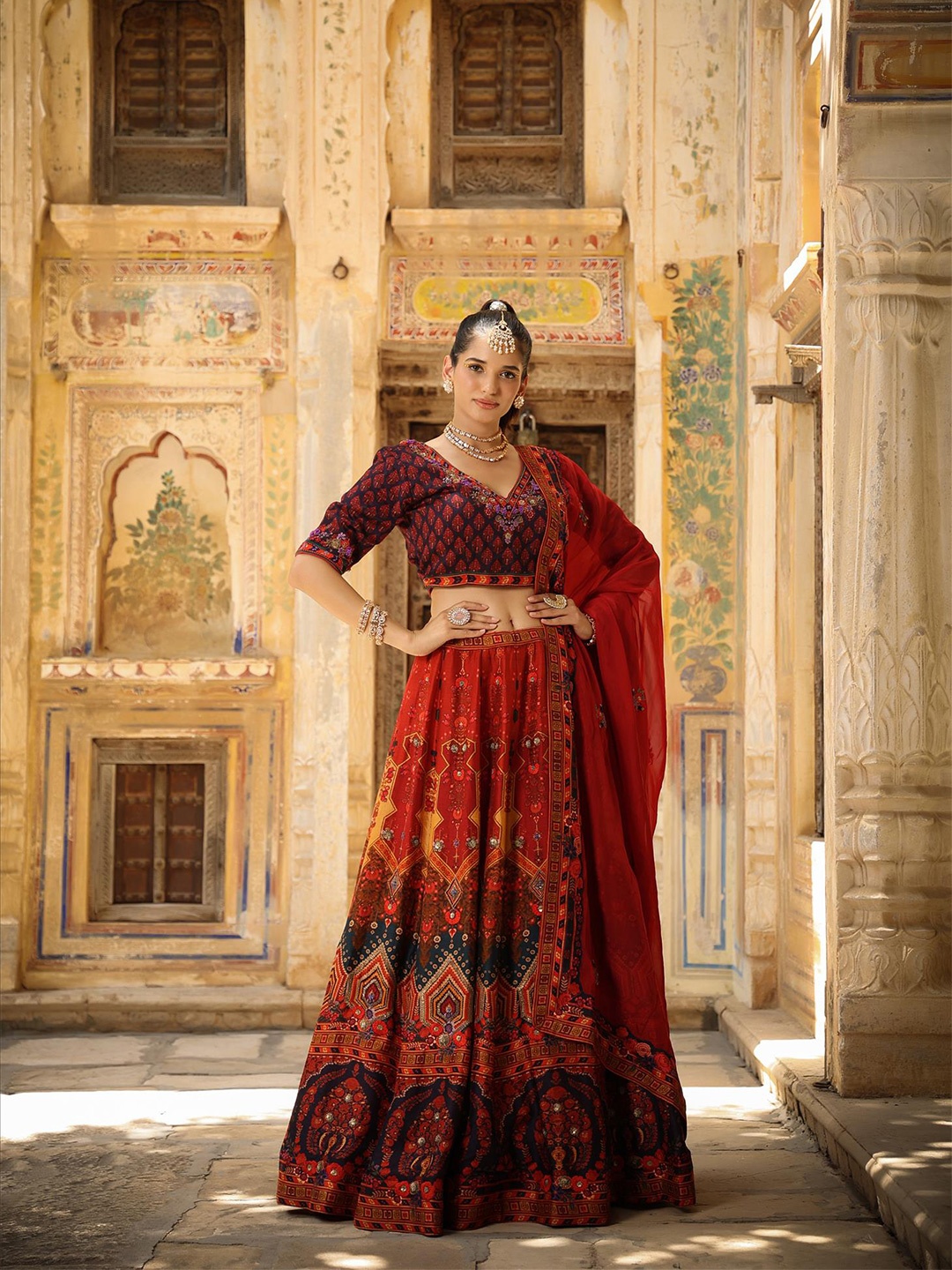 

SCAKHI Maroon & Blue Printed Thread Work Ready to Wear Lehenga & Blouse With Dupatta