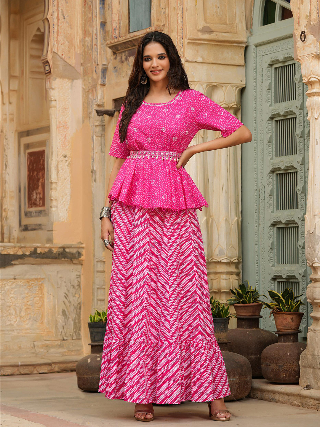 

SCAKHI Pink & White Printed Ready to Wear Lehenga & Choli