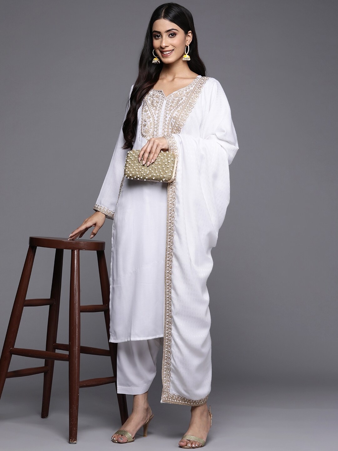 

Ahalyaa Women White Pashmina Embroidered Aari Work Kurta with Salwar & Dupatta