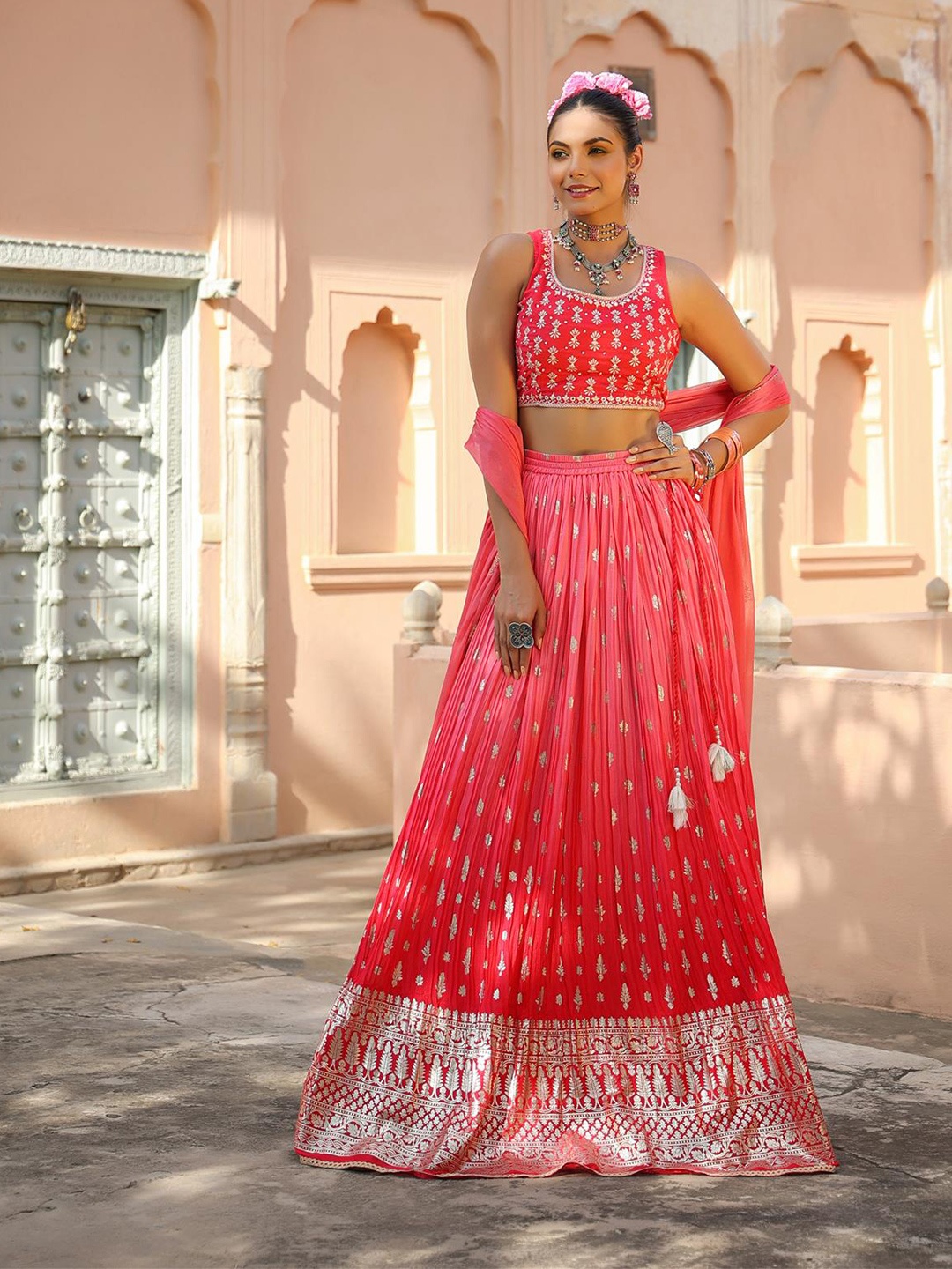 

SCAKHI Women Pink & Silver-Toned Embroidered Foil Print Ready to Wear Lehenga Choli Set