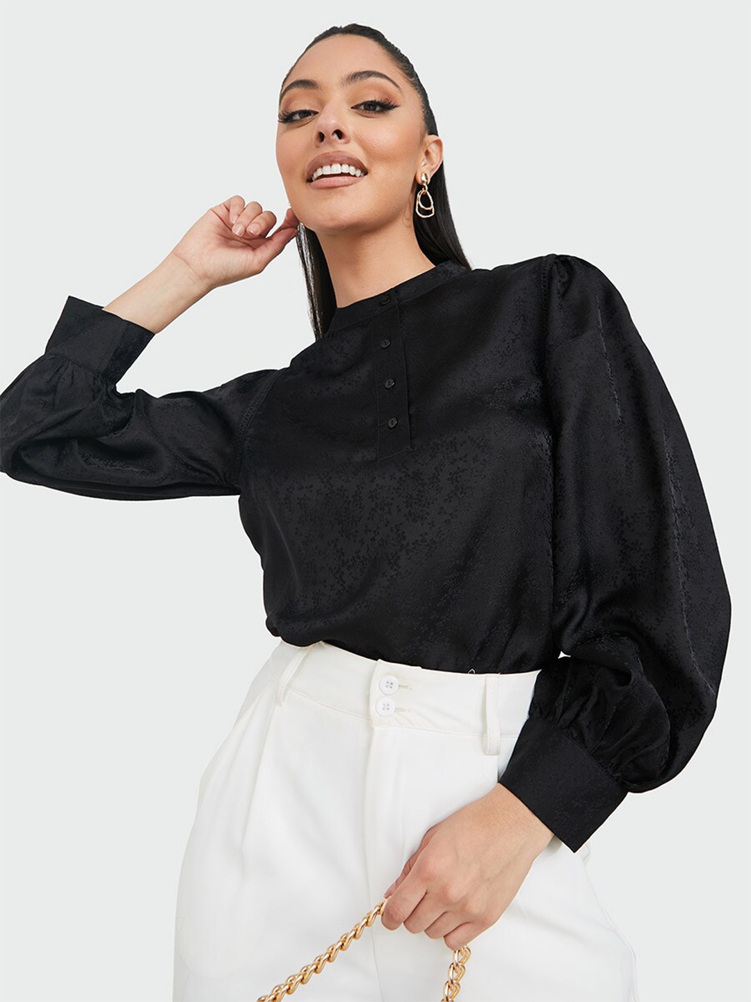 

Styli Women Black Jacquard Half Button Stand Collar Long Sleeve Regular Fit Blouse