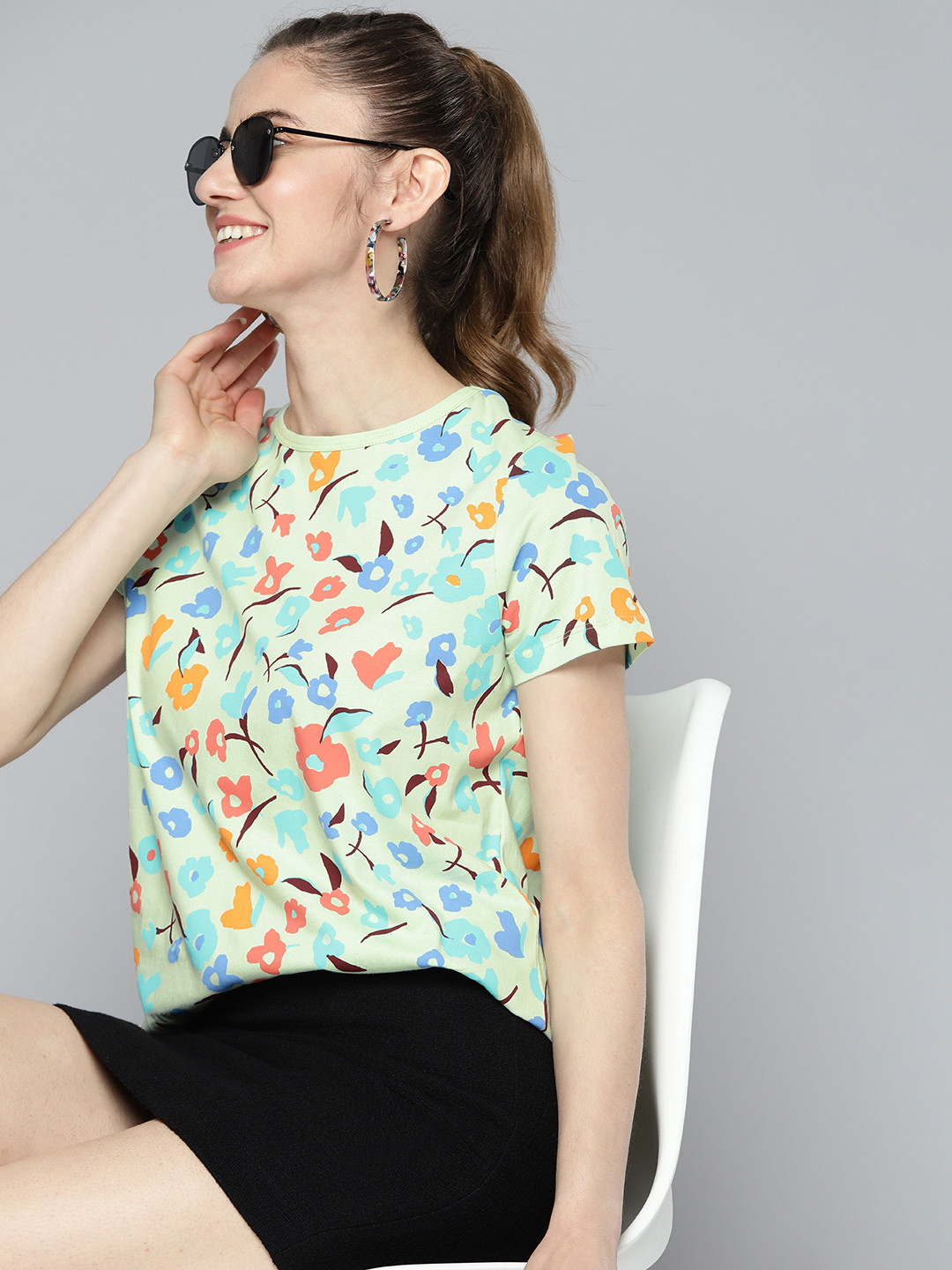 

HERE&NOW Women Green & Blue Cotton Floral Printed T-shirt