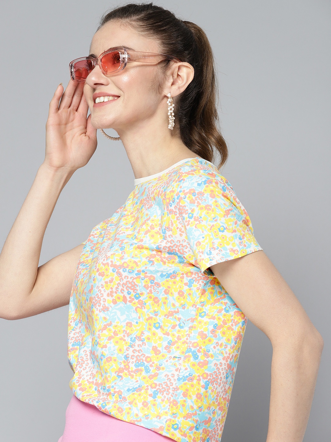 

HERE&NOW Women Off White & Yellow Cotton Floral Printed T-shirt