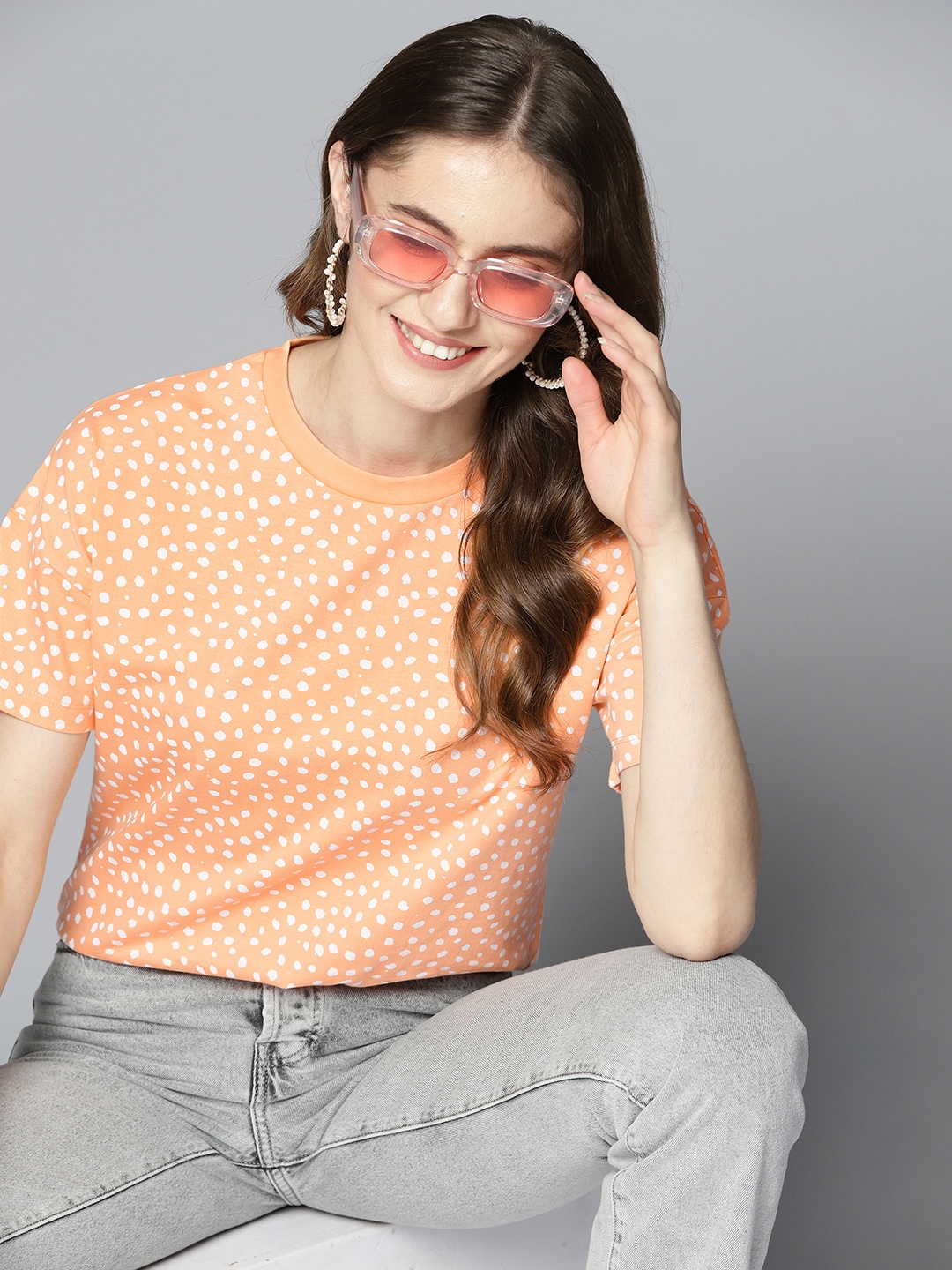 

HERE&NOW Women Coral Orange & Off White Cotton Printed T-shirt