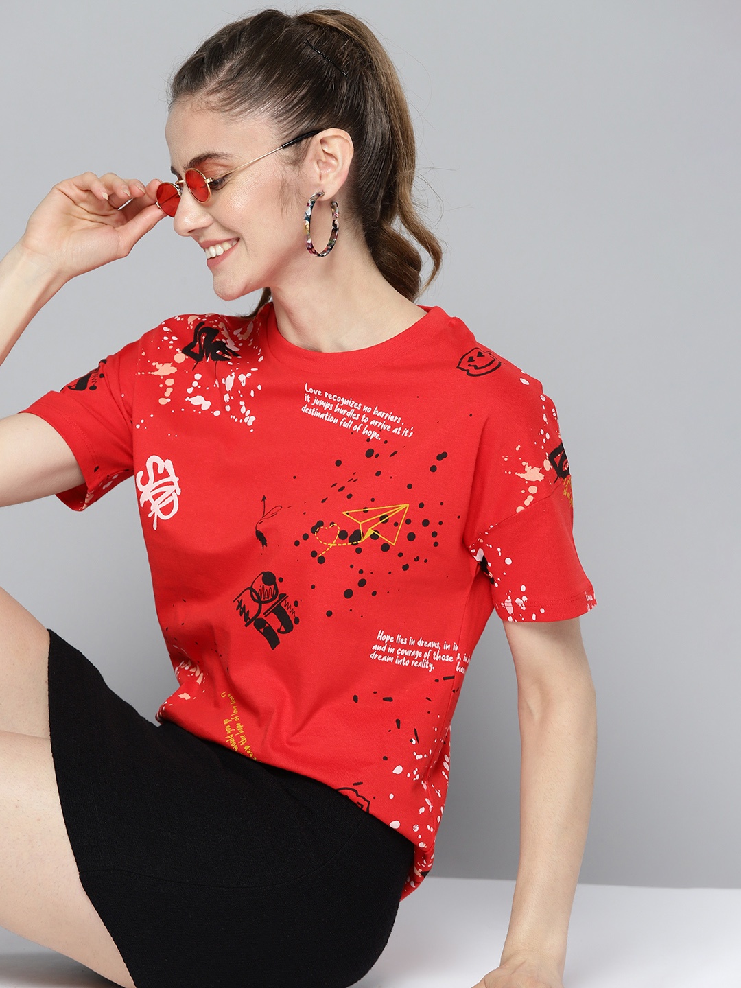 

HERE&NOW Women Red Cotton Printed Drop-Shoulder Sleeves T-shirt