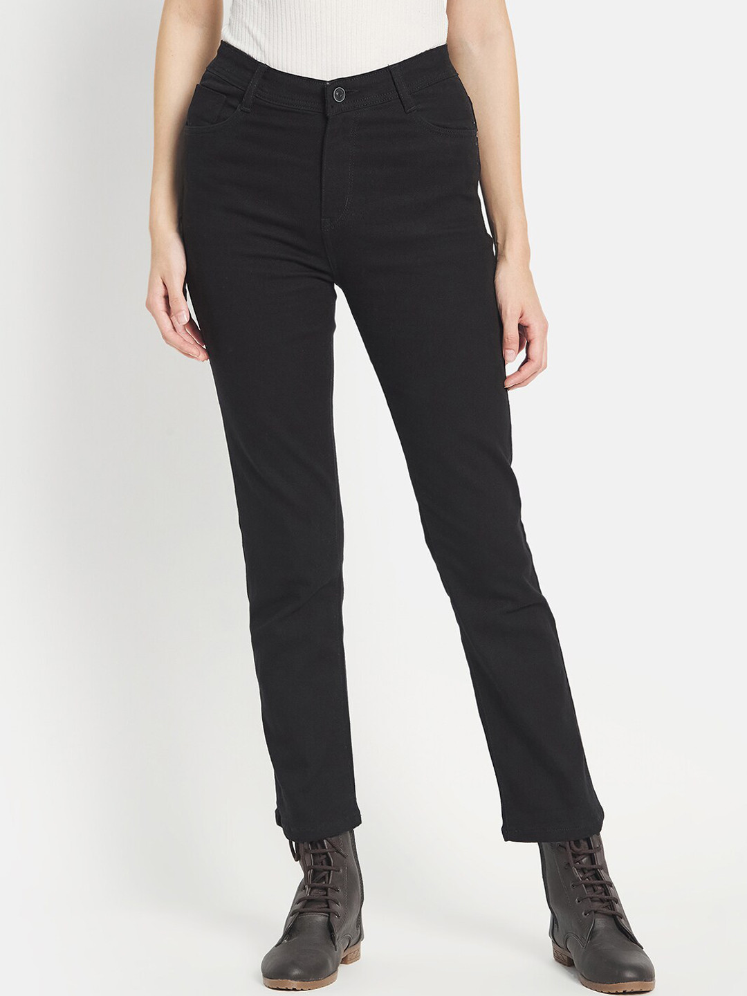 

METTLE Women Black cotton Straight Fit Clean Look Stretchable Jeans