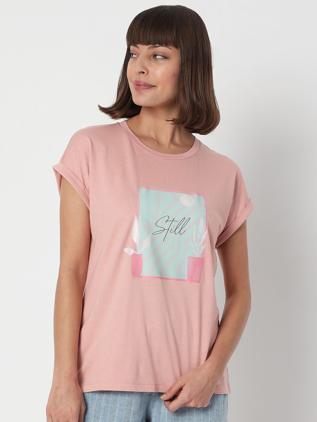 

Vero Moda Women Pink Printed Cotton T-shirt