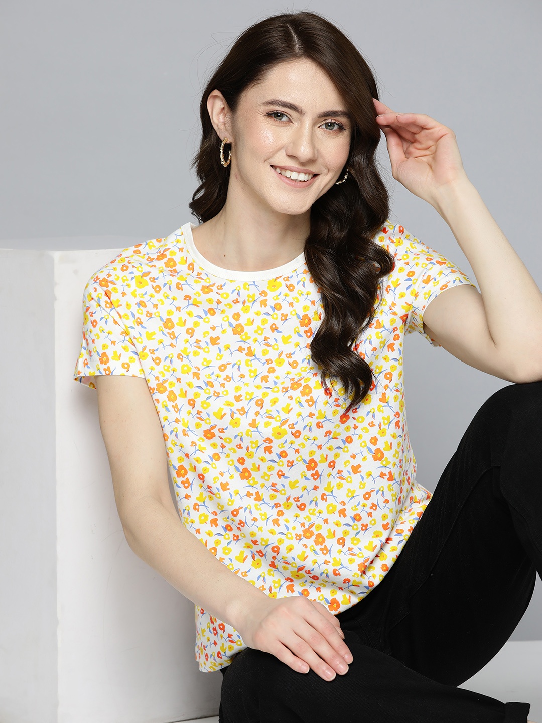 

HERE&NOW Women White & Yellow Floral Printed Pure Cotton T-shirt