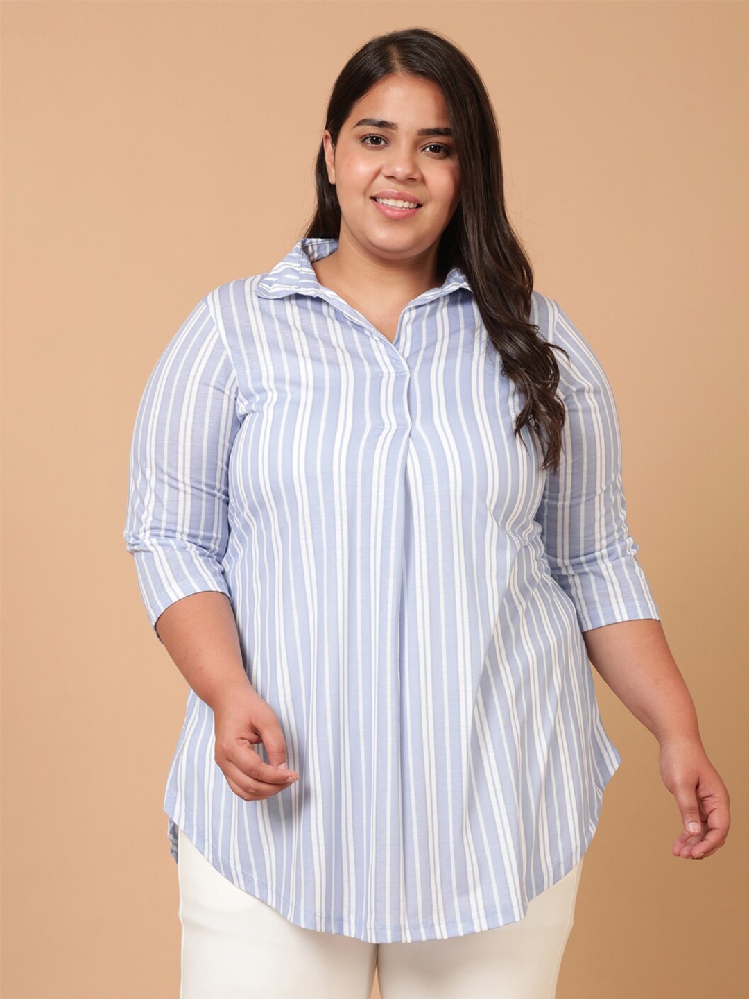 

Amydus Women Plus Size Striped Shirt Style Top, Blue