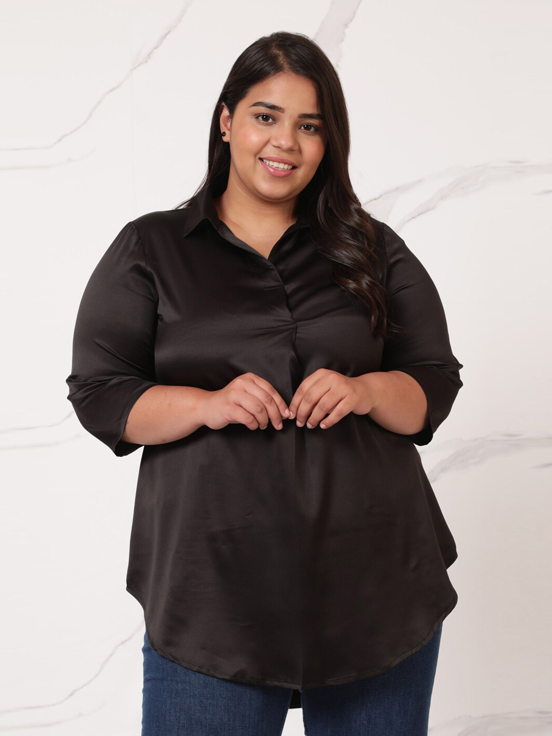 

Amydus Women Plus Size Solid Satin Shirt Style Top, Black