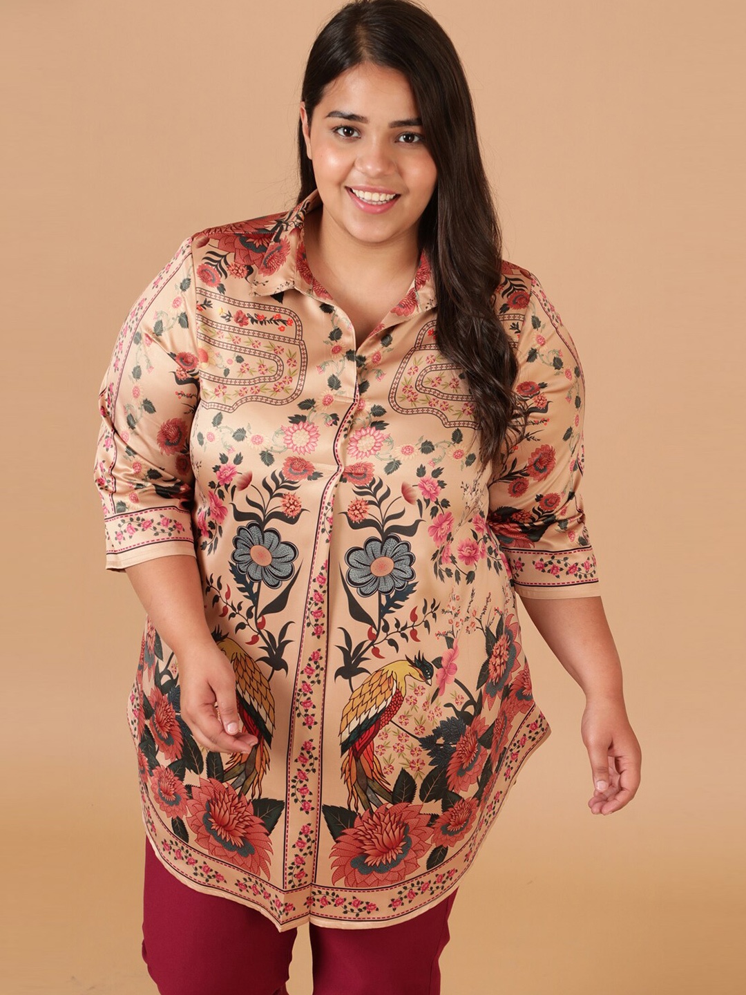 

Amydus Plus Size Women Beige Floral Print Shirt Style Top