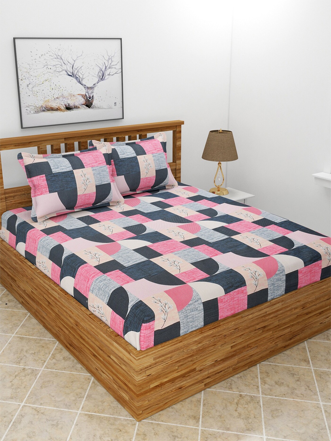 

MORADO Blue & Pink Floral 210 TC Queen Bedsheet with 2 Pillow Covers
