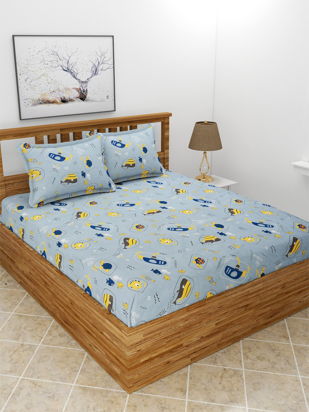 

MORADO Blue & Yellow Conversational 210 TC Queen Bedsheet with 2 Pillow Covers