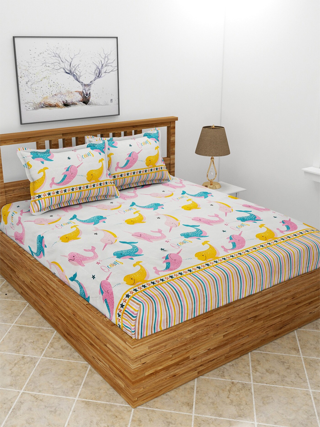 

MORADO Off White & Mustard Conversational 210 TC Queen Bedsheet with 2 Pillow Covers