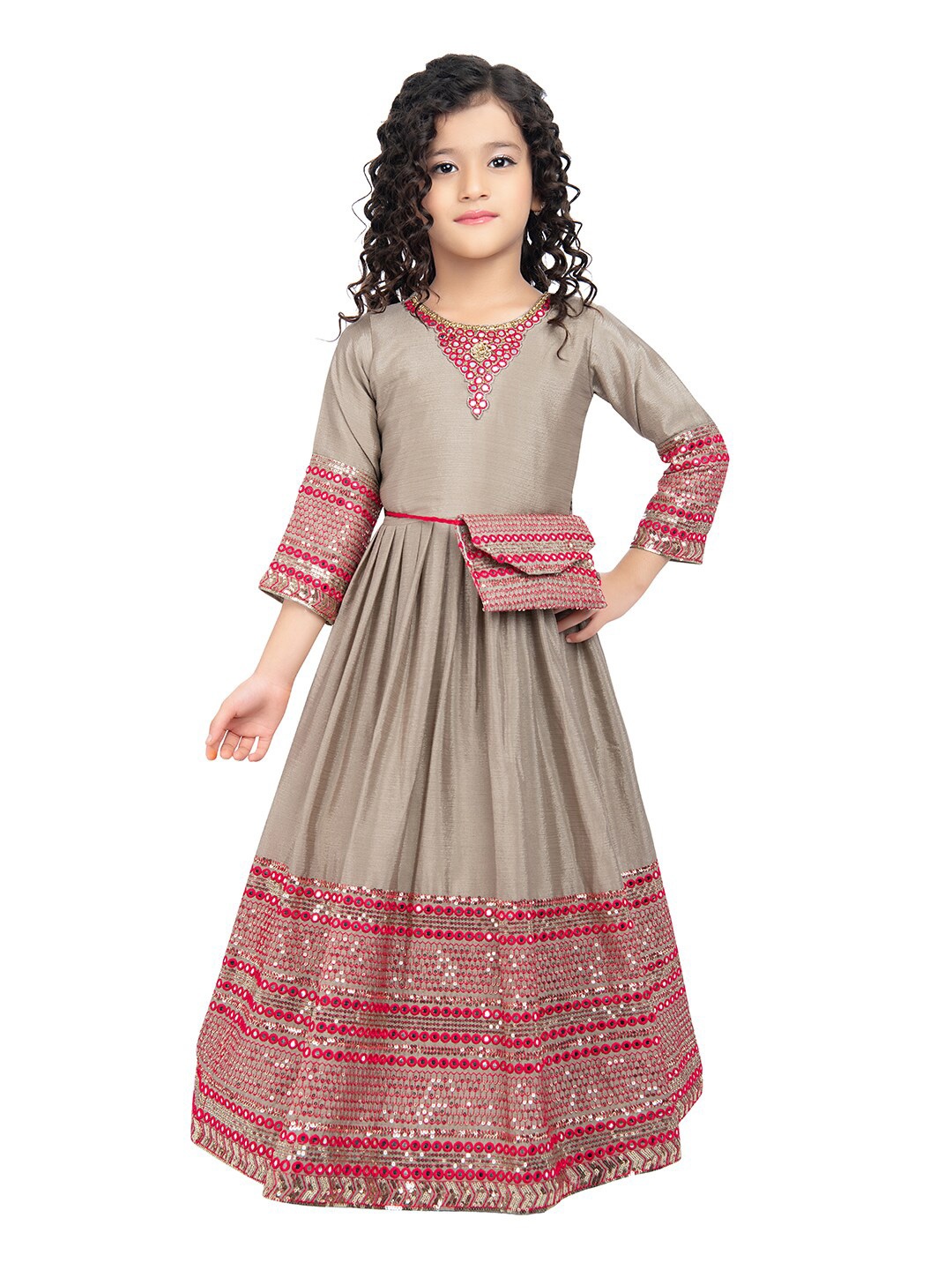 

Tiny Kingdom Girls Grey Ethnic Motifs Satin Maxi Dress