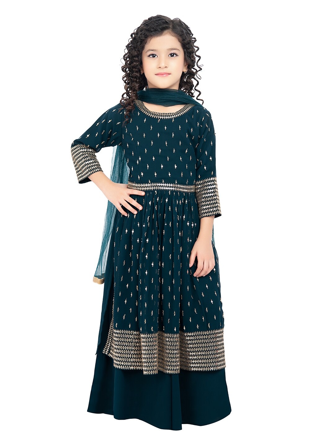 

Tiny Kingdom Girls Blue & Golden Embellished Palazzos
