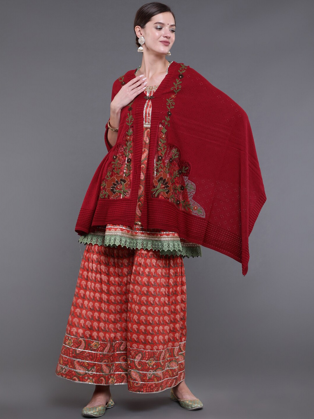 

saubhagya Women Red & Green Embroidered Shawl