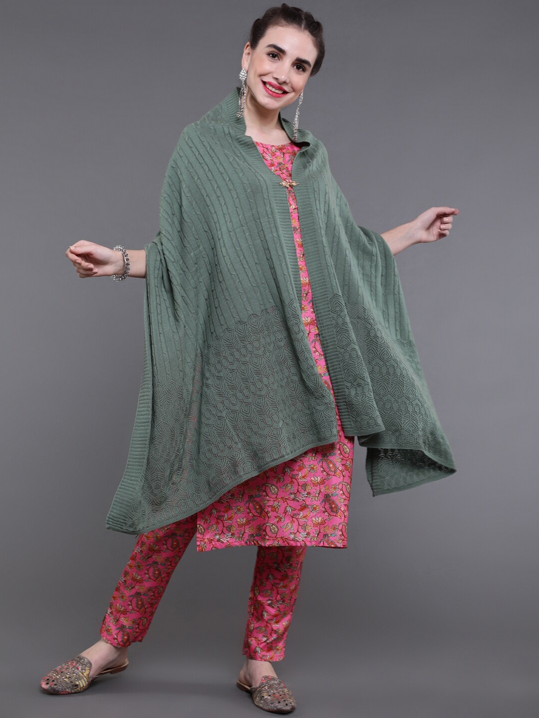 

saubhagya Women Sea Green Woven Design Winter Shawl