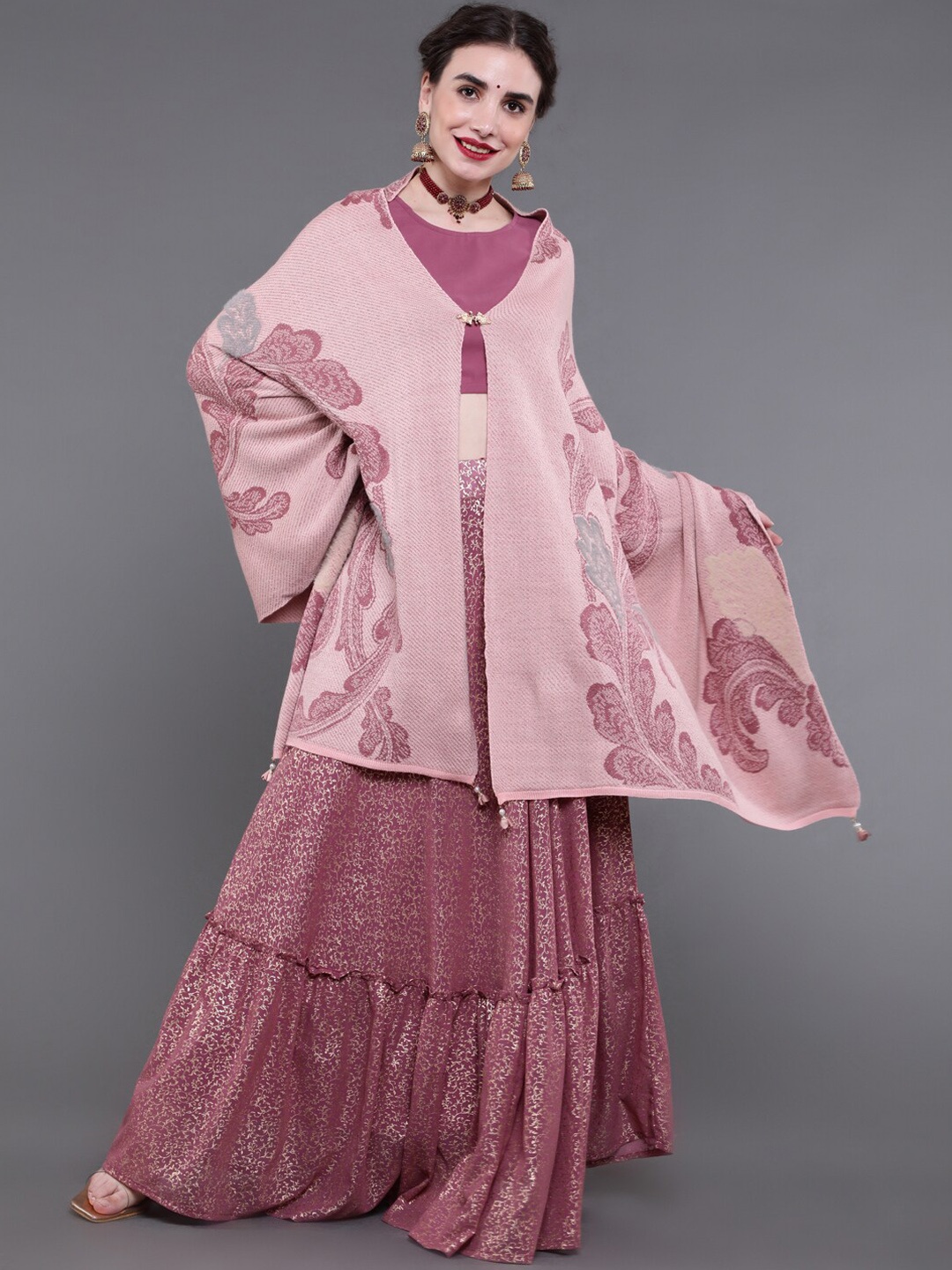 

saubhagya Women Peach-Colored Printed Winter Shawl