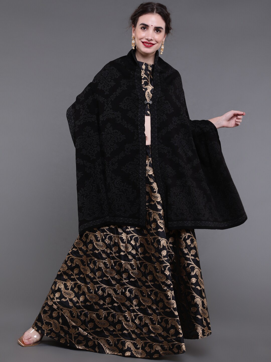 

saubhagya Women Black Embroidered Winter Shawl