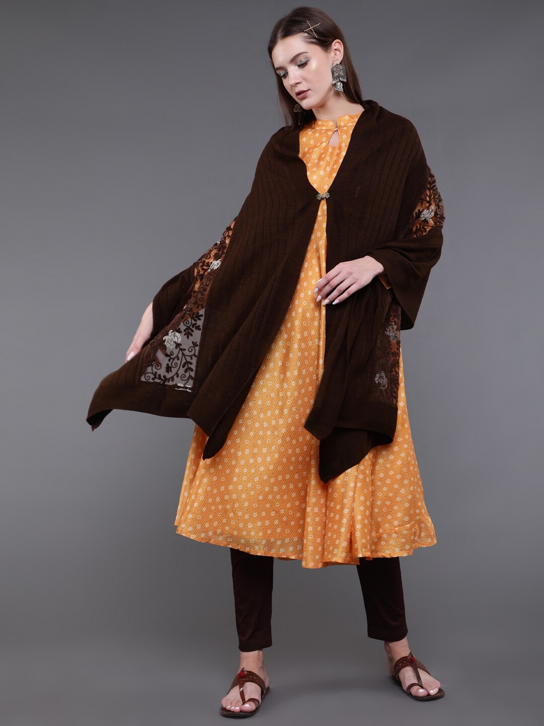 

saubhagya Women Brown Embroidered Winter Shawl