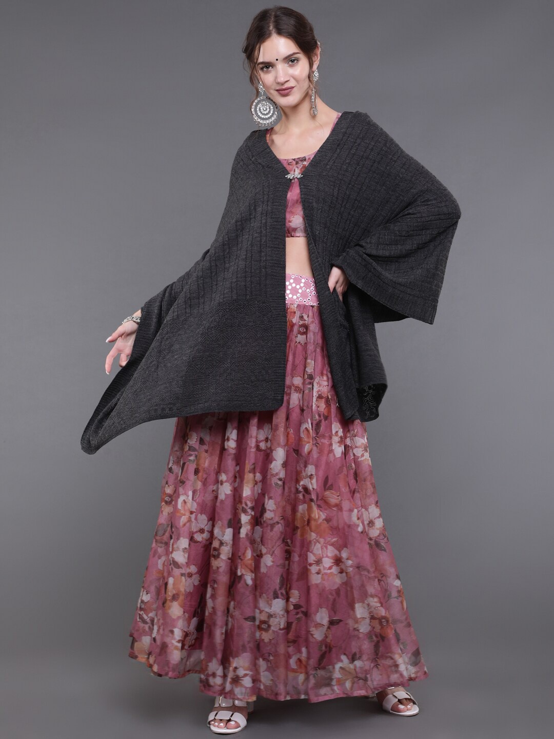 

saubhagya Women Grey Woven Design Winter Shawl