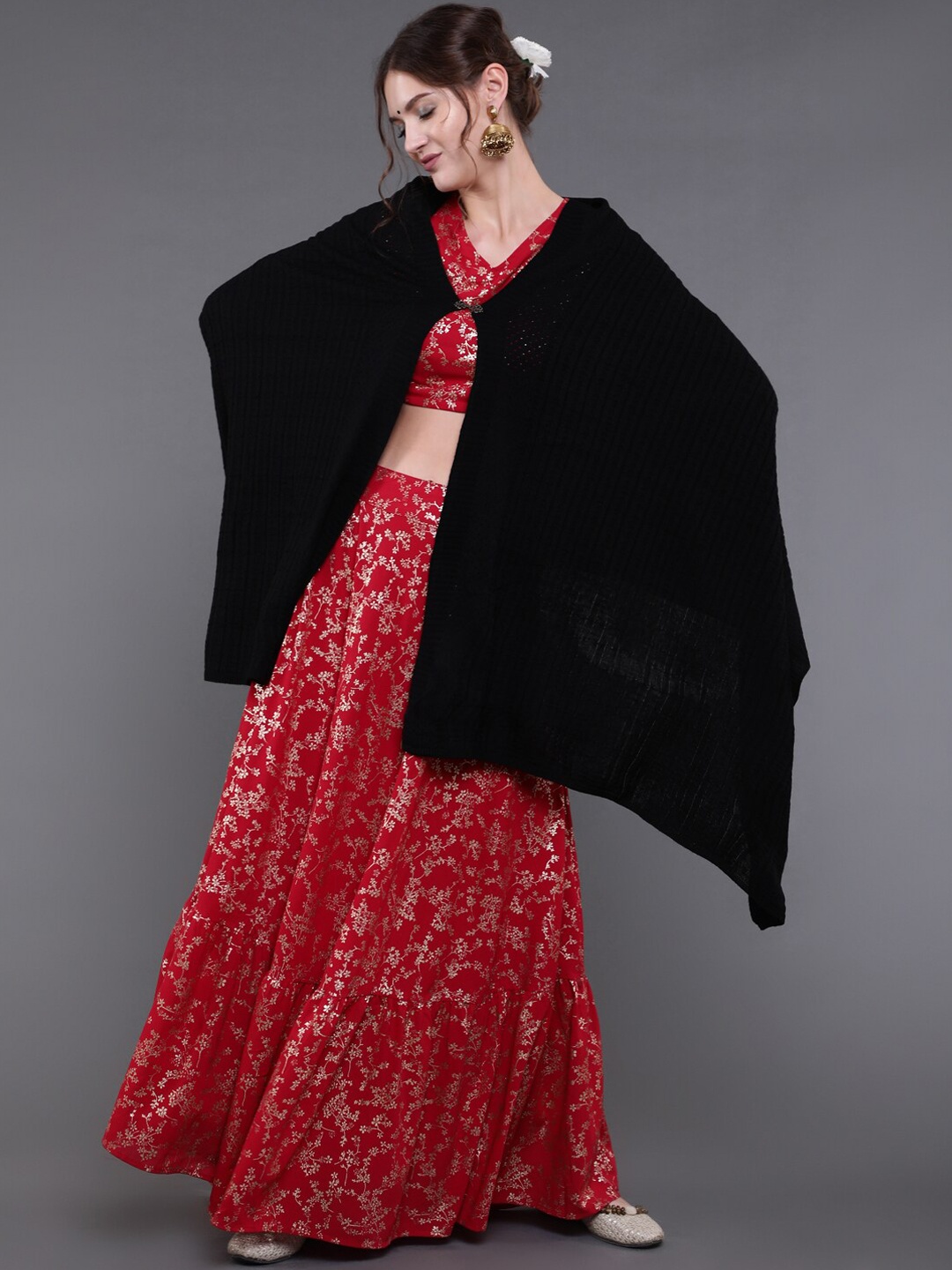 

saubhagya Women Black Woven Design Winter Shawl