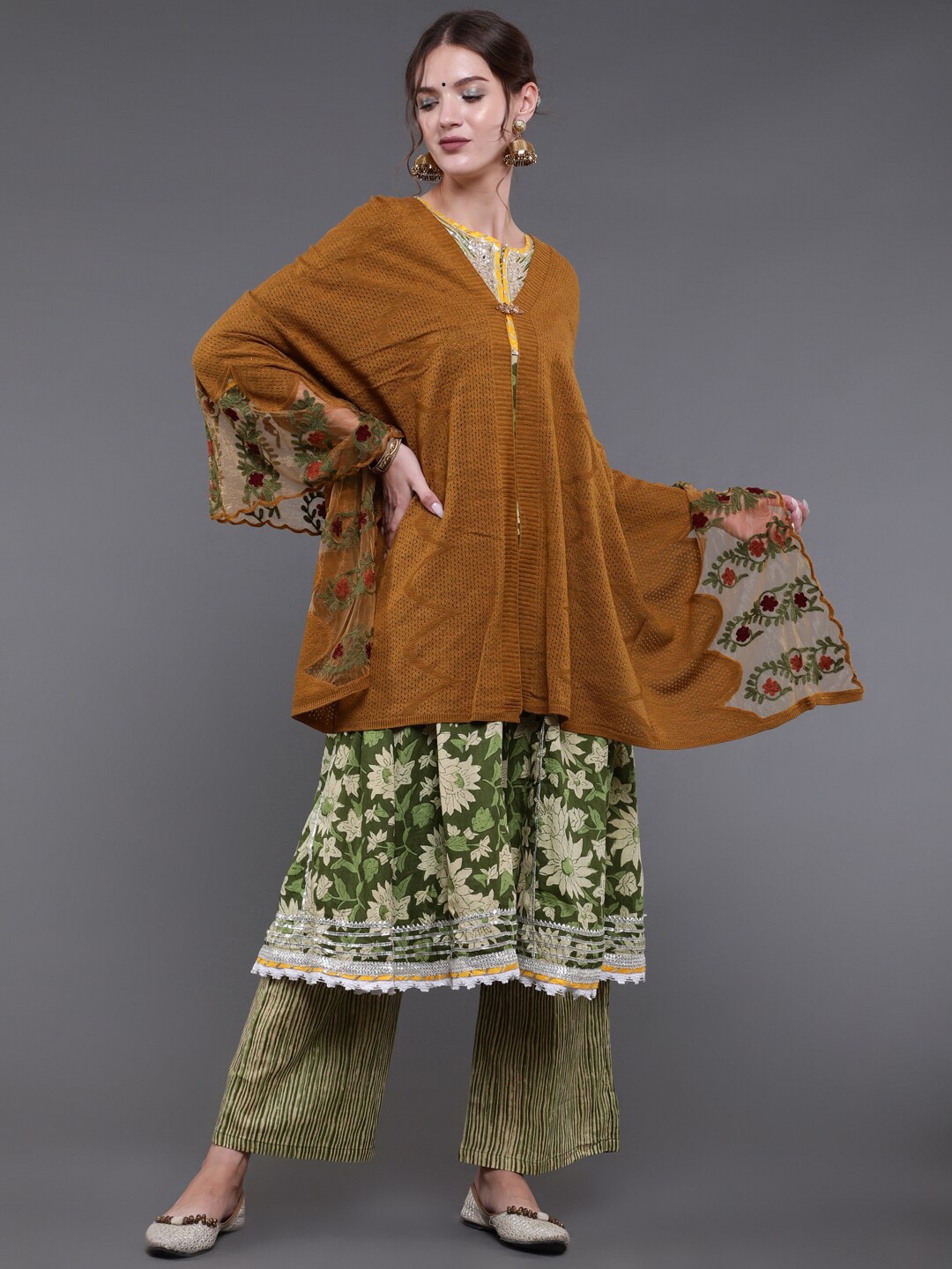 

saubhagya Women Mustard Yellow Embroidered Winter Shawl