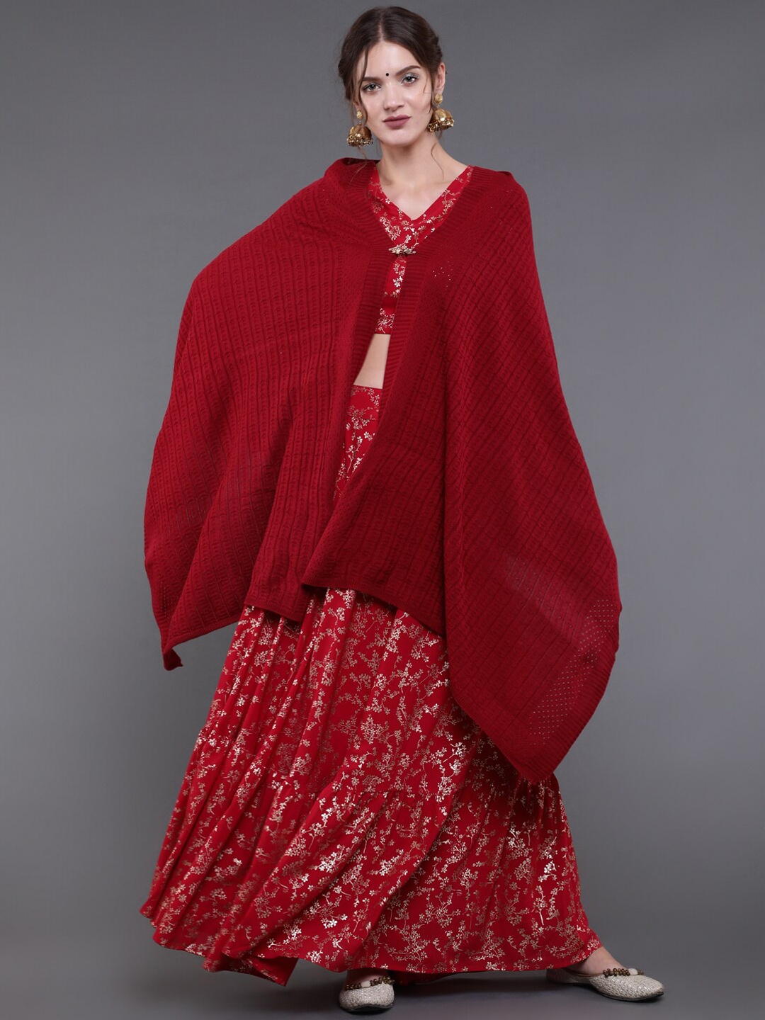 

saubhagya Women Red Solid Woven-Design Shawl