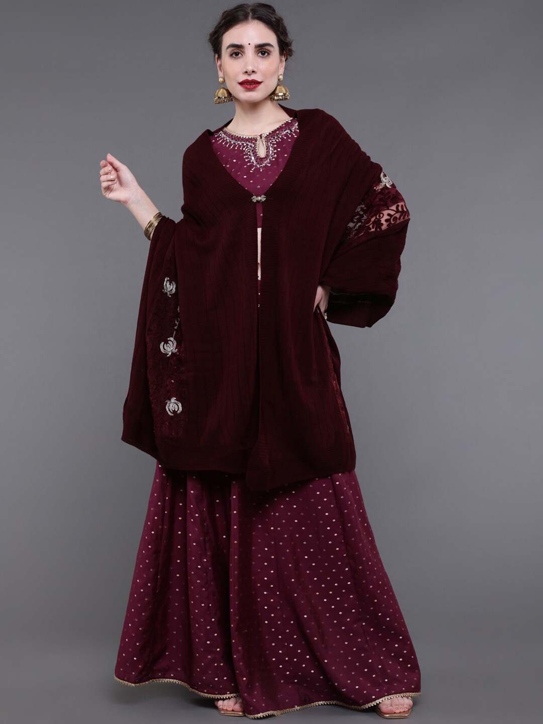 

saubhagya Women Burgundy & White Embroidered Longline Poncho