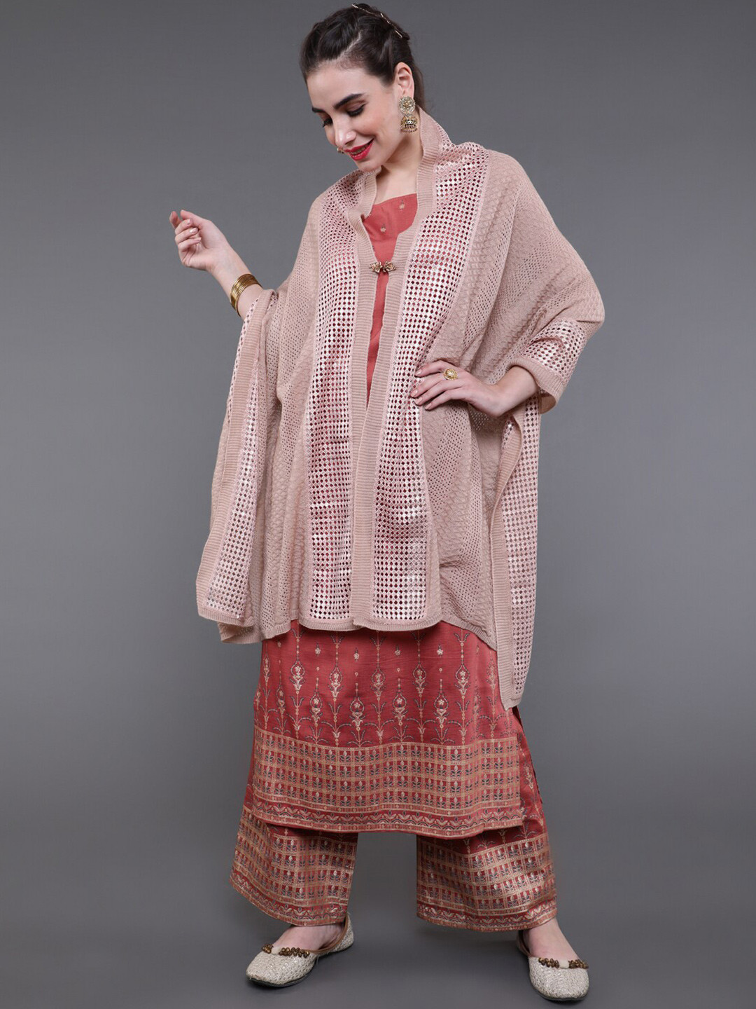 

saubhagya Women Rose Gold Toned Longline Wool Poncho