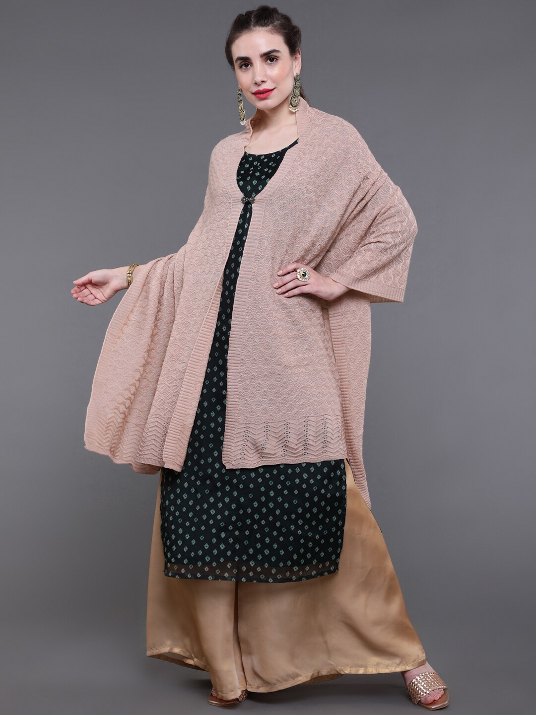 

saubhagya Women Peach Woven Design Shawl