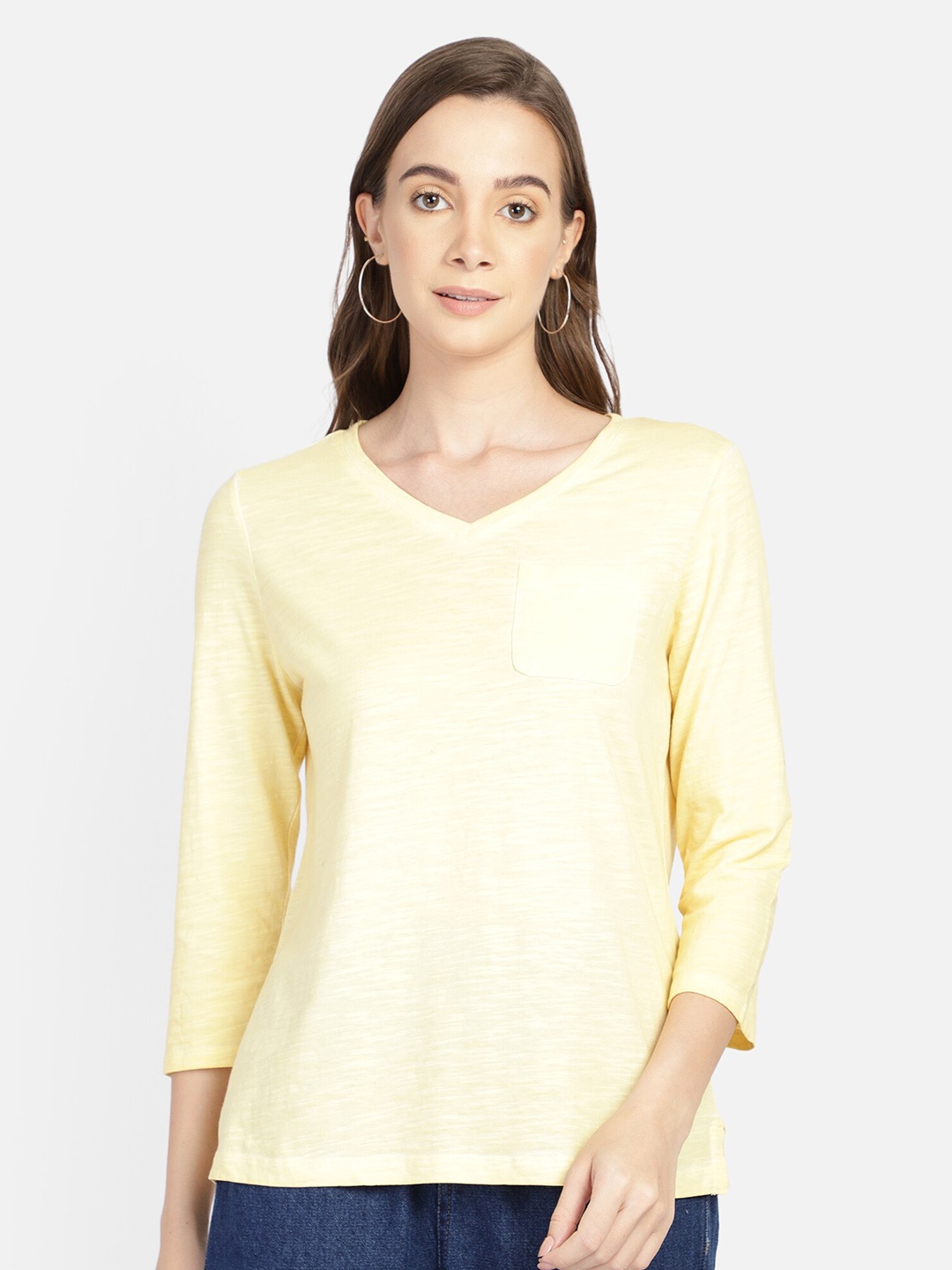 

Aditi Wasan Women V-Neck Cotton T-shirt, Yellow