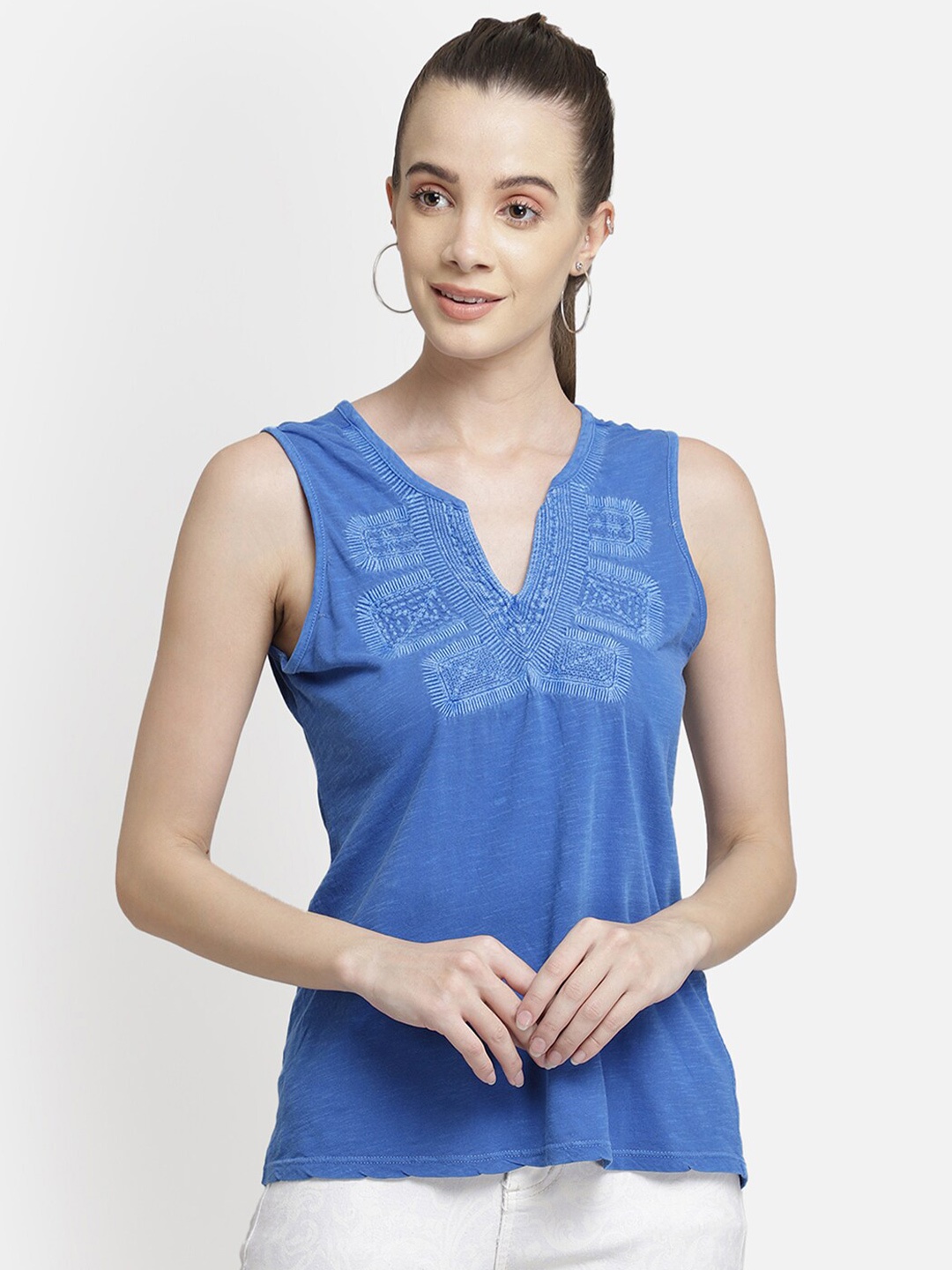 

Aditi Wasan Blue Blue embroidered viscose knit casual top