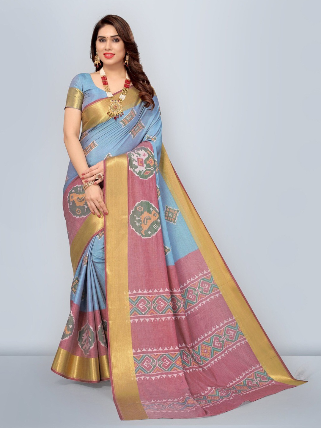 

HERE&NOW Blue & Pink Ethnic Motifs Zari Silk Cotton Patola Saree