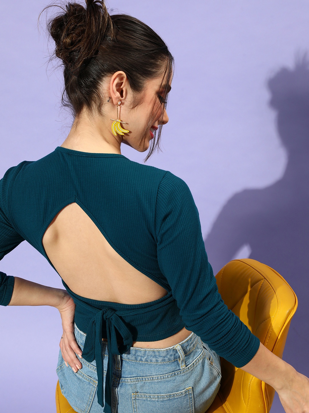 

Mast & Harbour Teal Blue Ribbed Styled Back Top with Tie-Ups