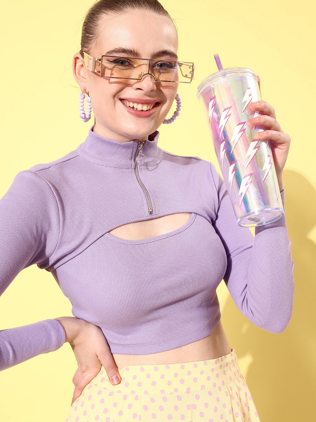 

Mast & Harbour Lavender Solid High Neck Fitted Crop Top