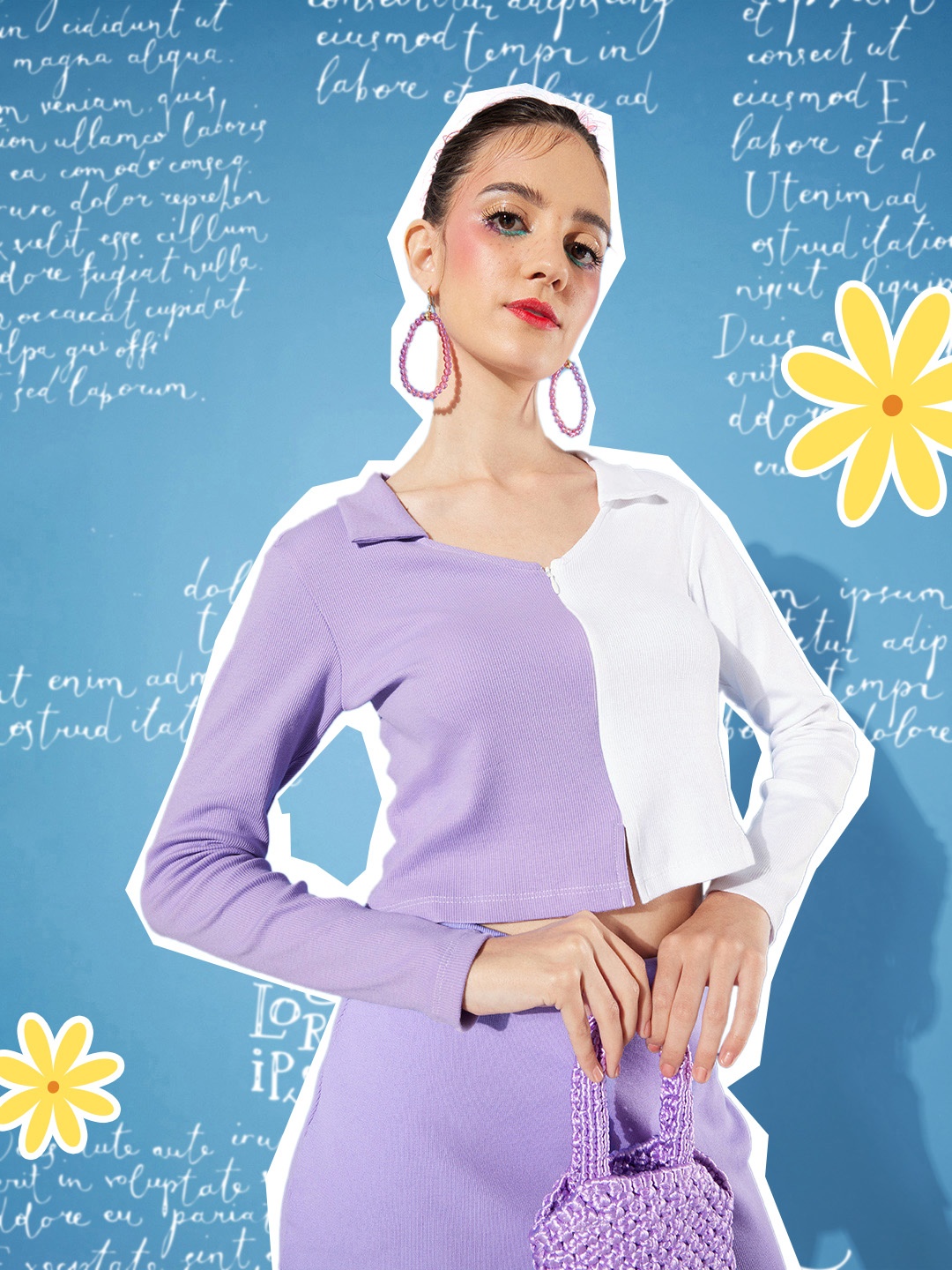 

Mast & Harbour Lavender & White Colourblocked Long Sleeves Shirt Style Crop Top