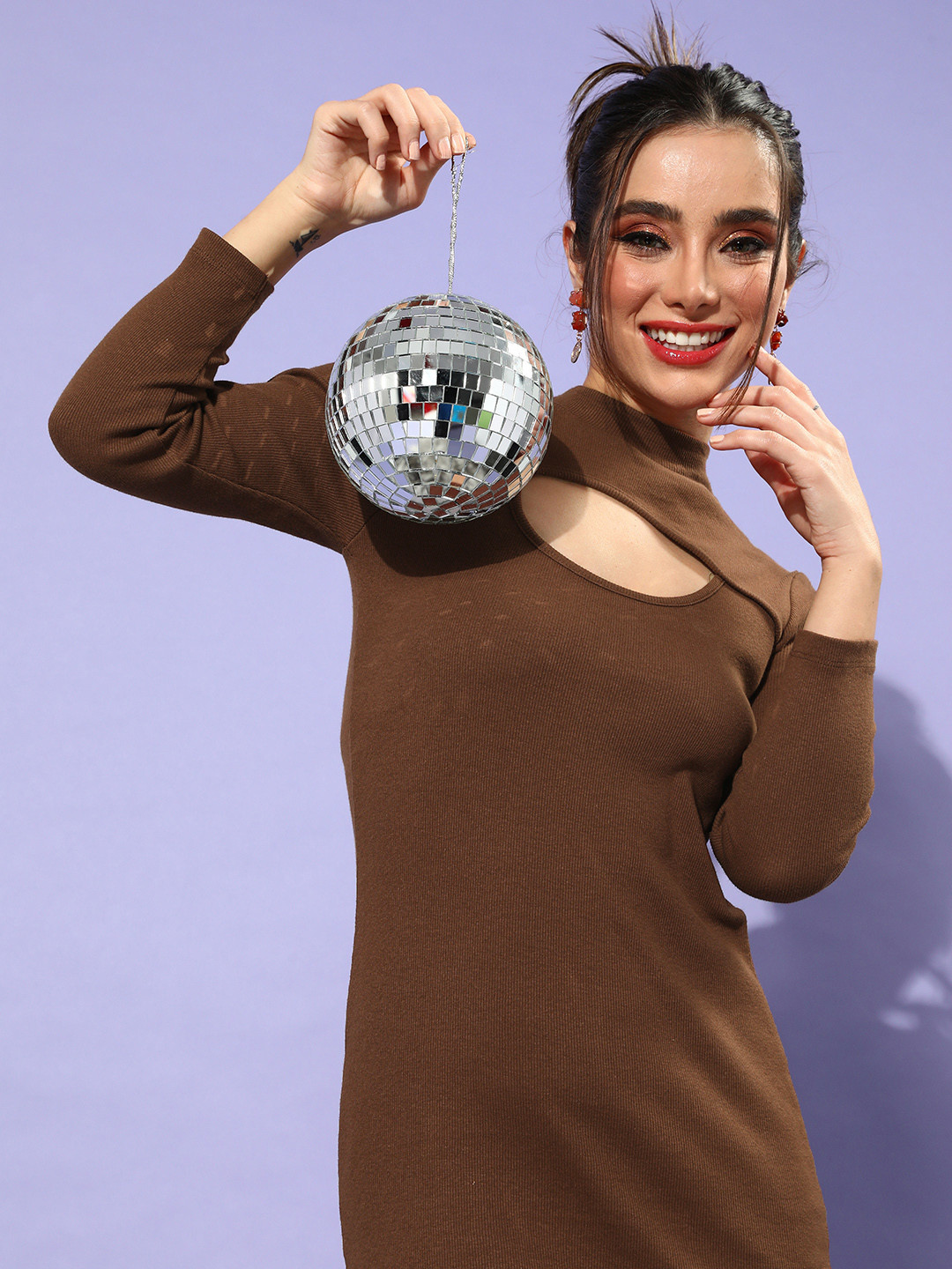 

Mast & Harbour Coffee Brown Ribbed Bodycon Dress with Cut-Out