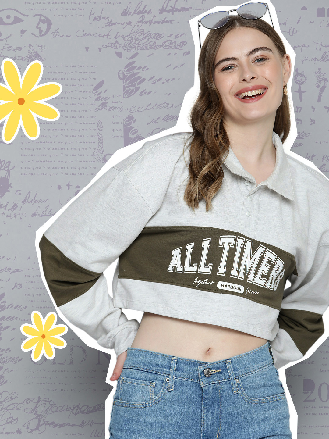 

Mast & Harbour Clourblocked Typography Printed Cropped Sweatshirt, Grey