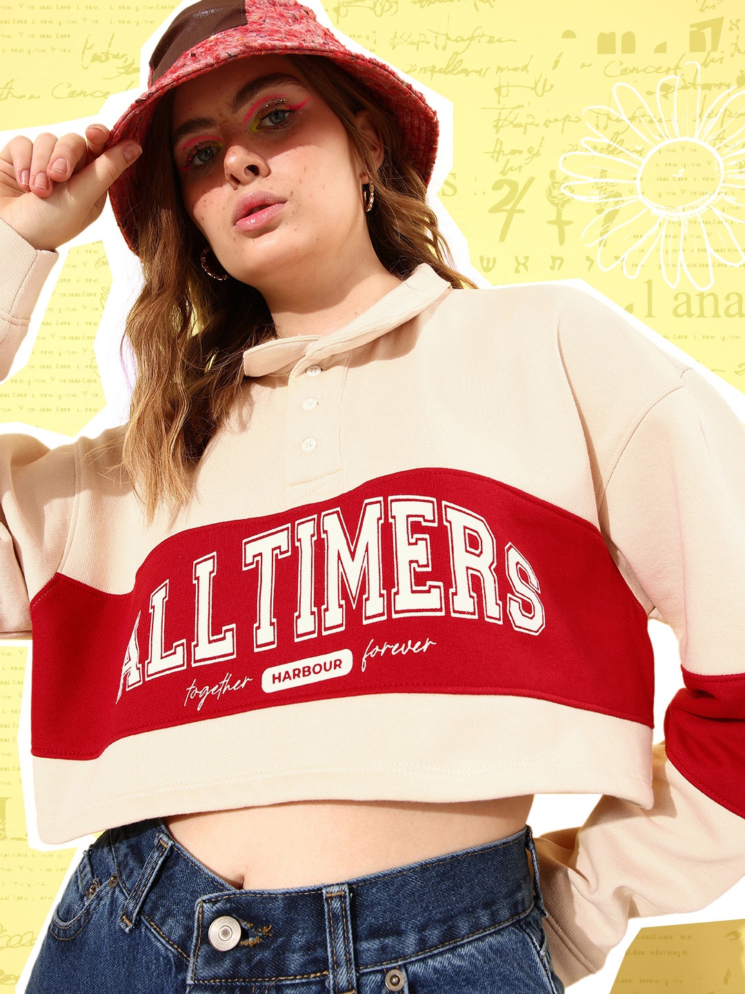 

Mast & Harbour Women Printed Crop Sweatshirt, Cream