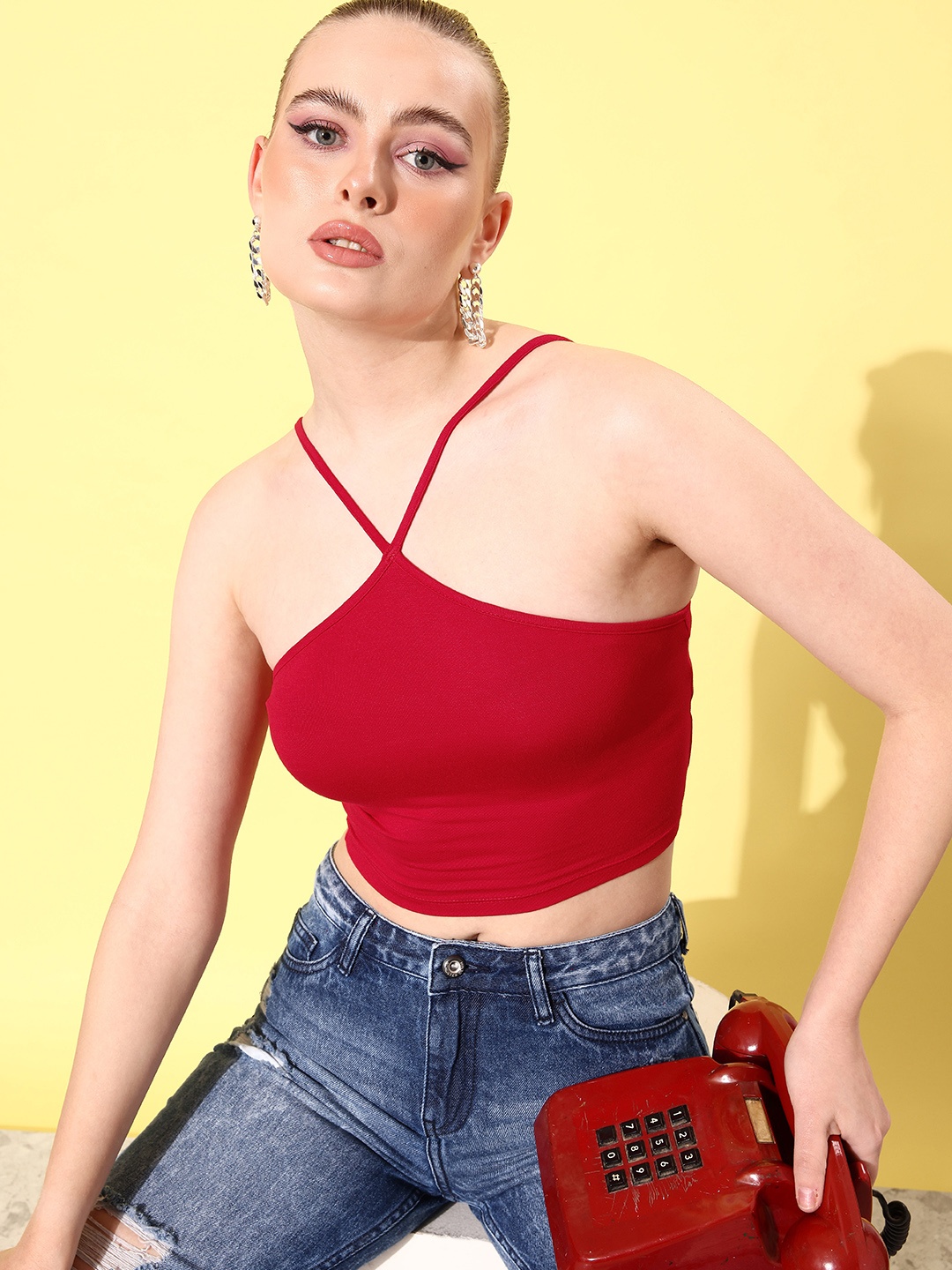 

Mast & Harbour Red Solid Fitted Crop Top