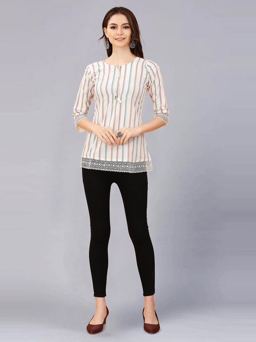 

APPLIX STYLE Women Off White & Maroon Striped Lace Inserts Top