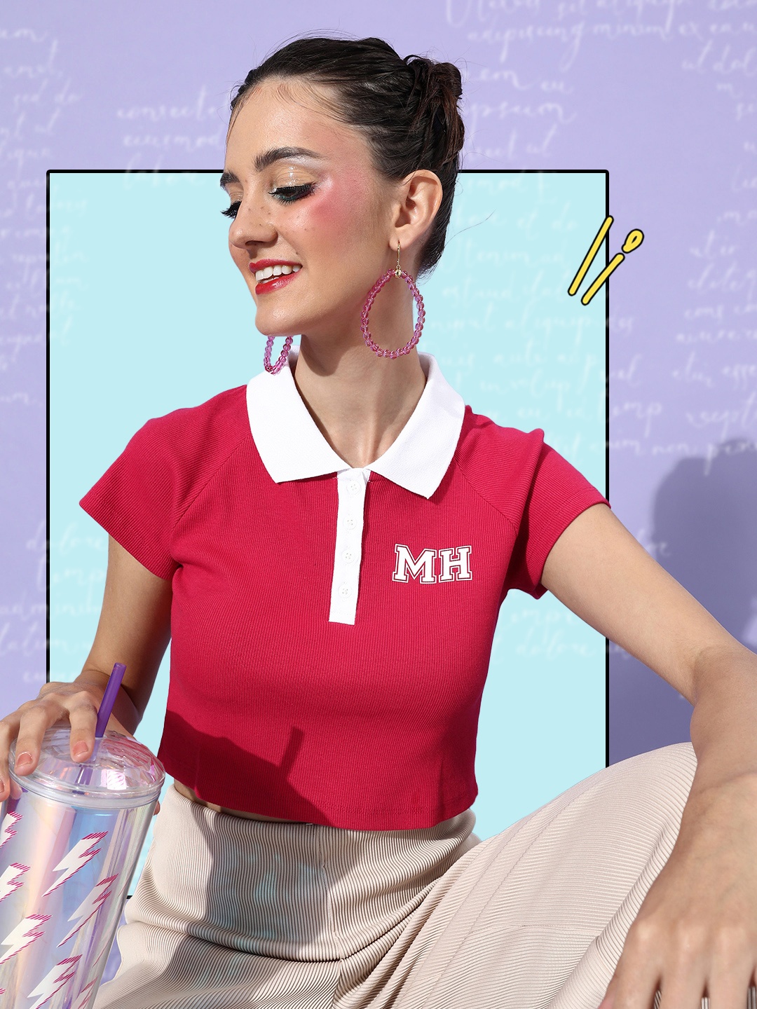 Mast & Harbour Women Fuchsia Pink Brand Logo Polo Collar T-shirt