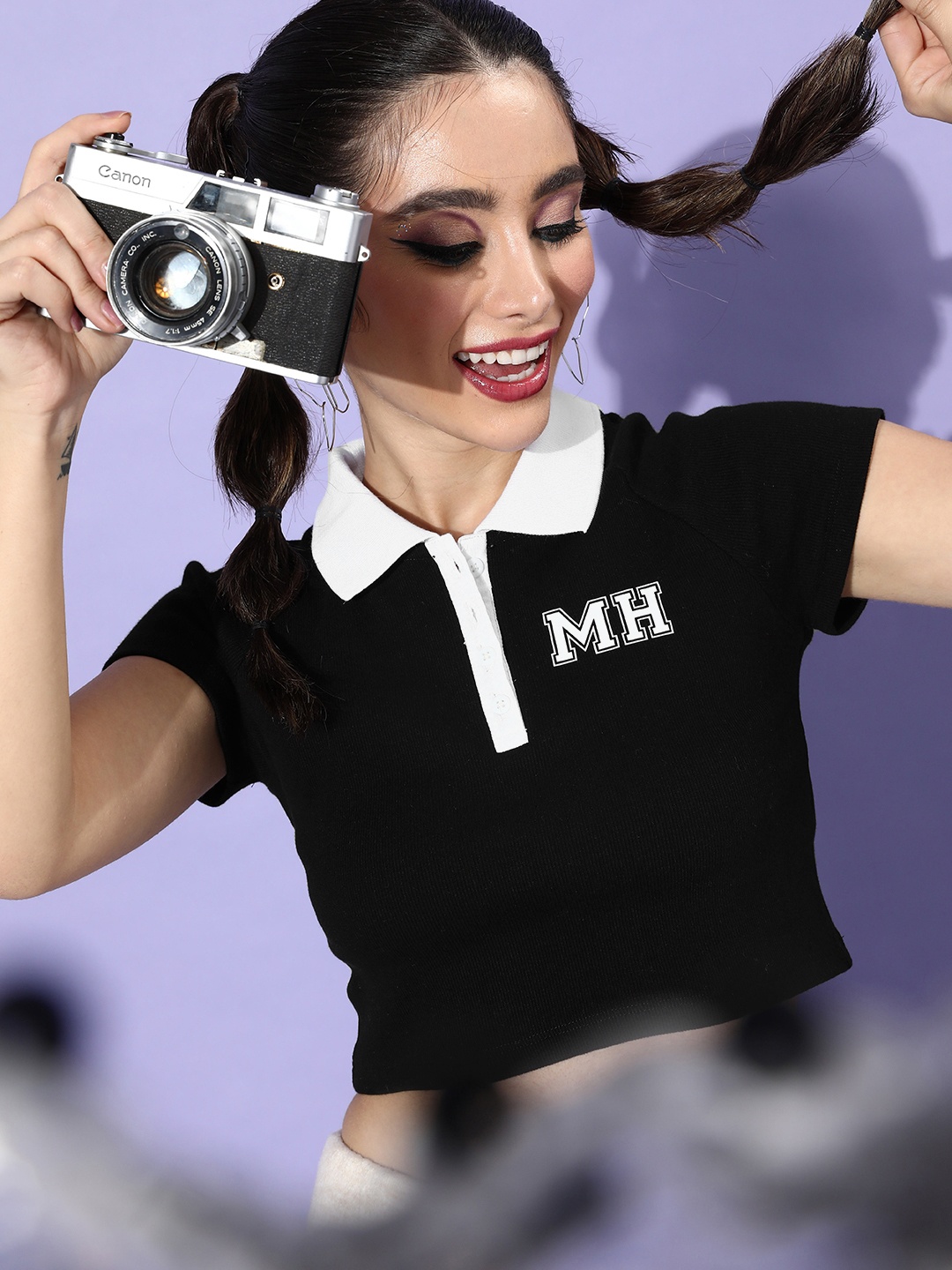 

Mast & Harbour Women Black Brand Logo Polo Collar T-shirt