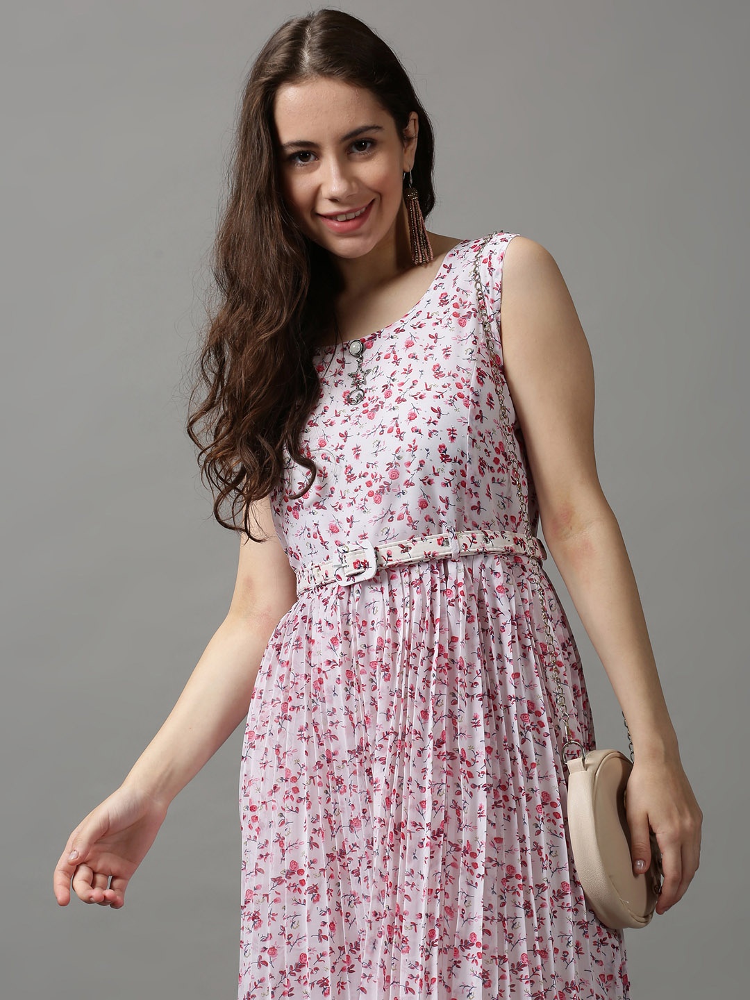 

SHOWOFF White & Pink Floral Chiffon Midi Dress