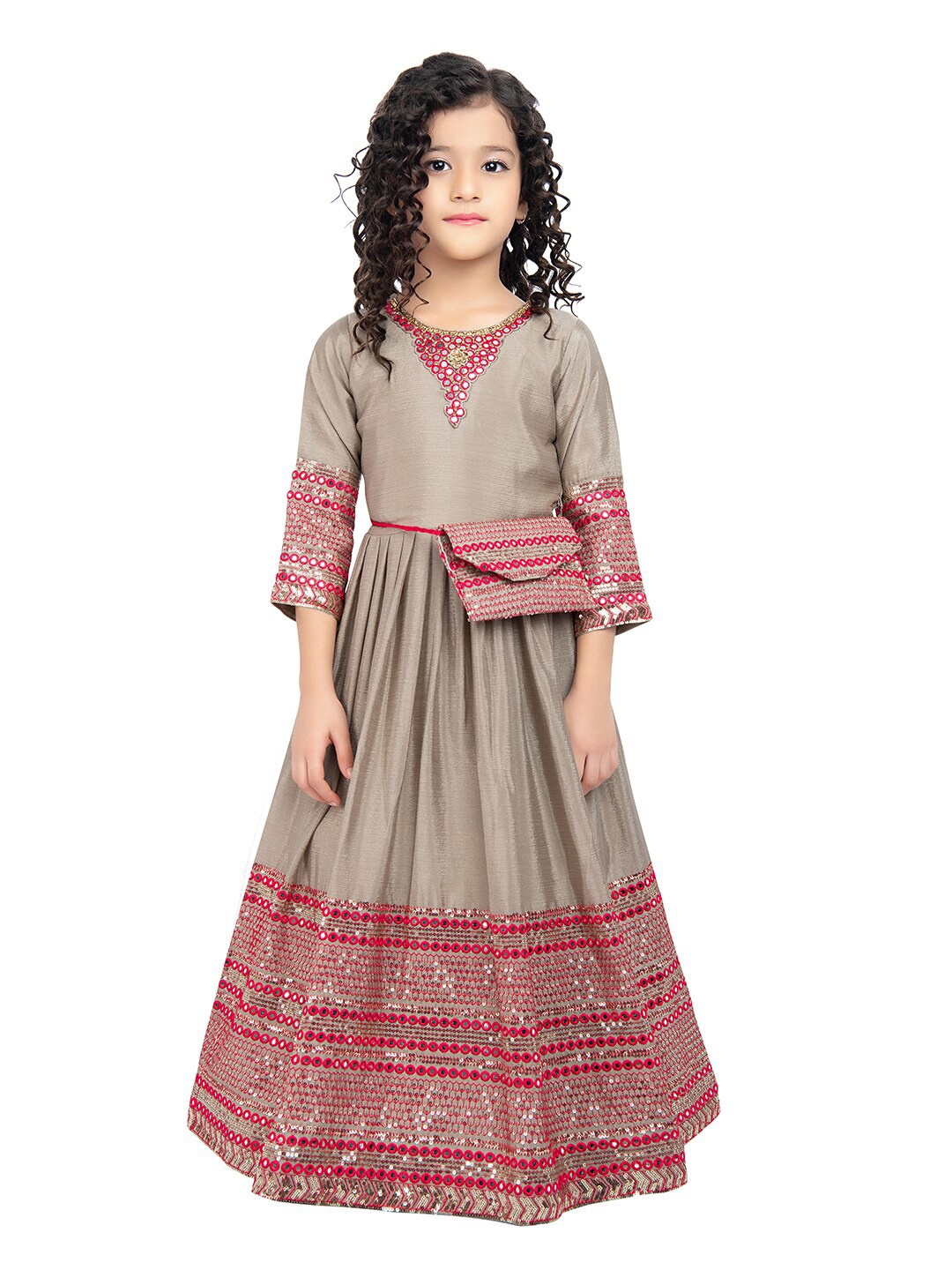 

BETTY Kids Girls Grey And Pink Sequins And Mirror Work Embellished Satin Maxi Dress