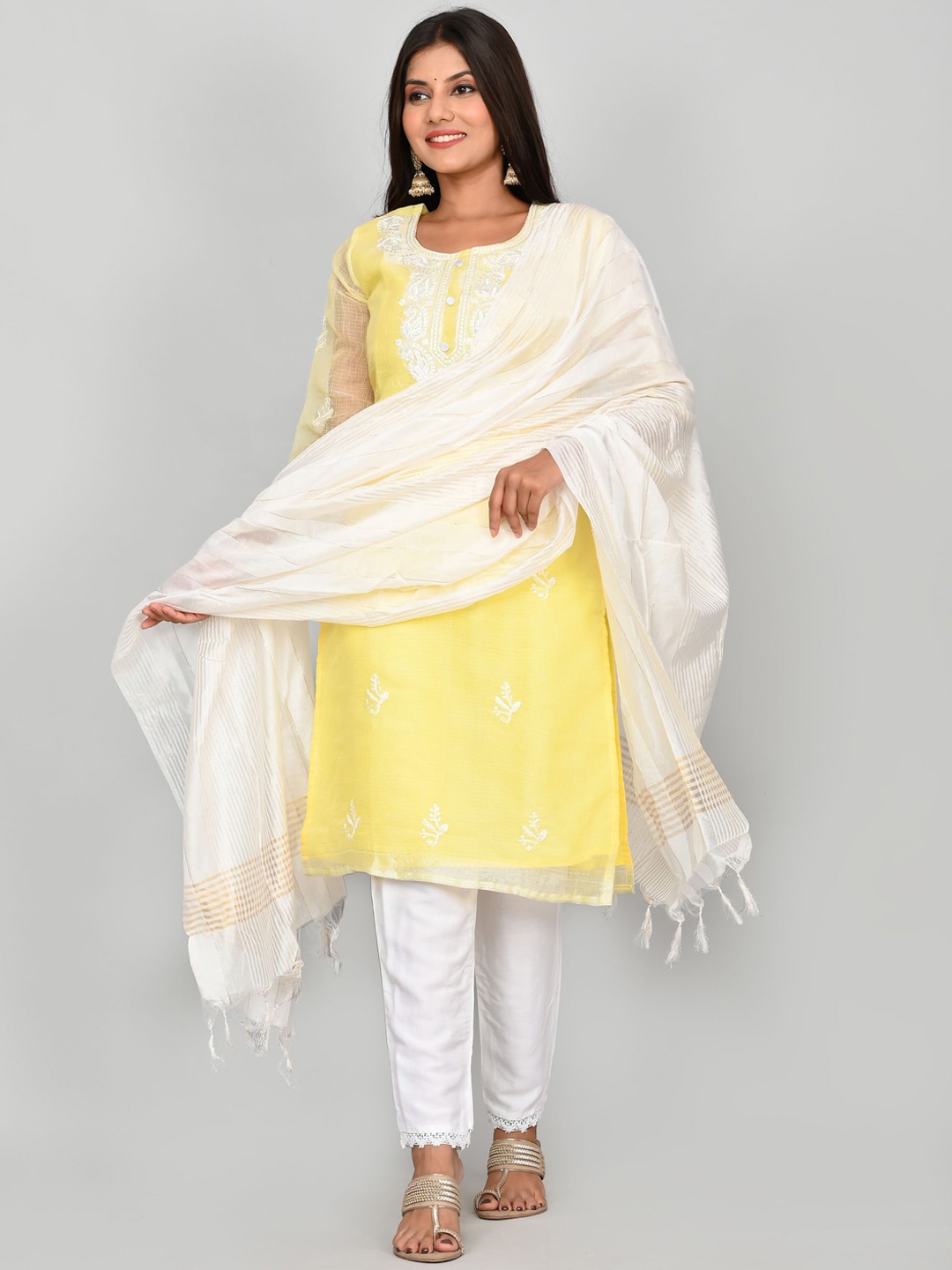 

Kesarya Women Yellow Ethnic Motifs Embroidered Thread Work Kurta with Trousers & Dupatta