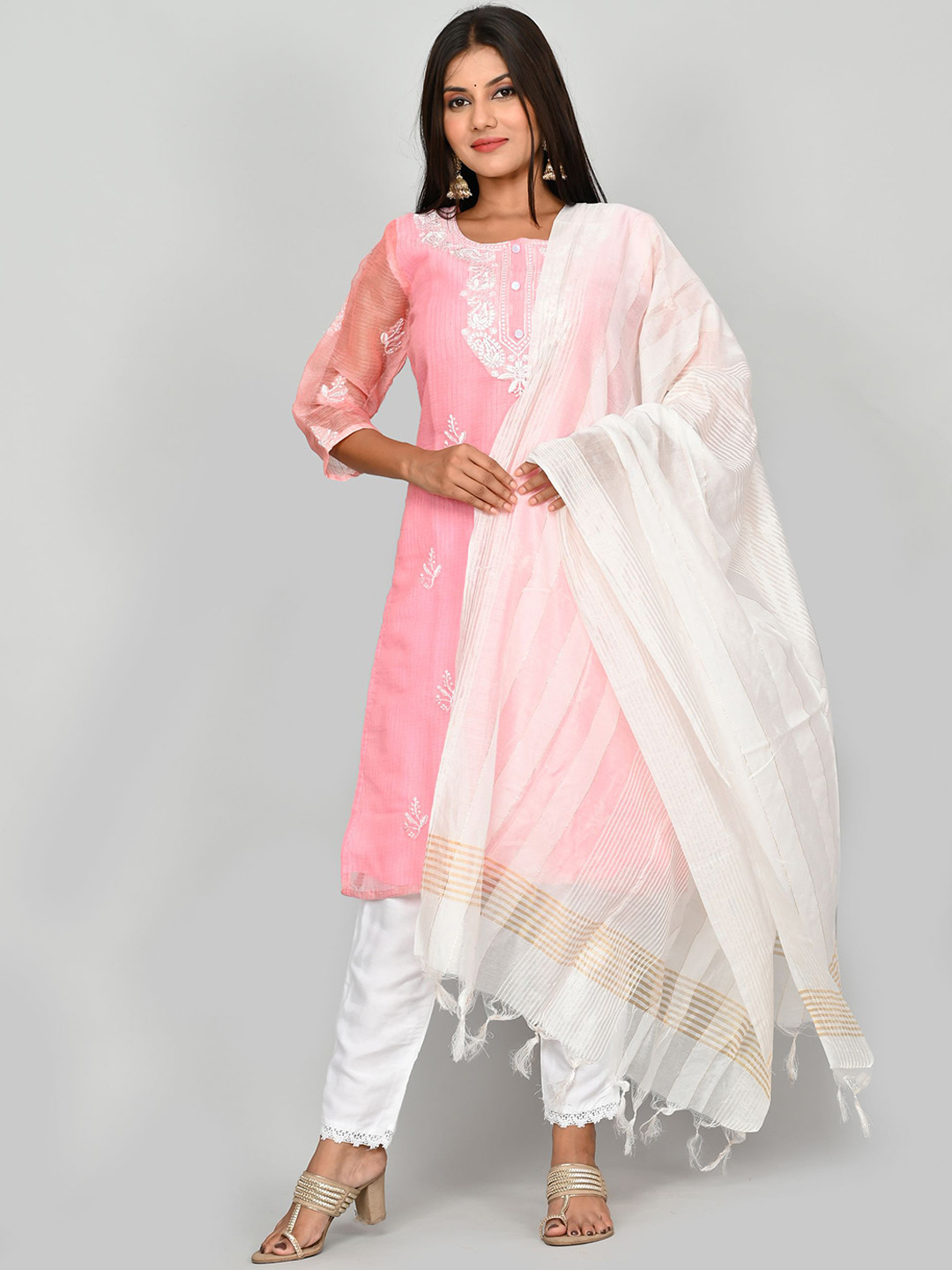 

Kesarya Women Pink Yoke Design Thread Work Kurta with Trouser & Dupatta